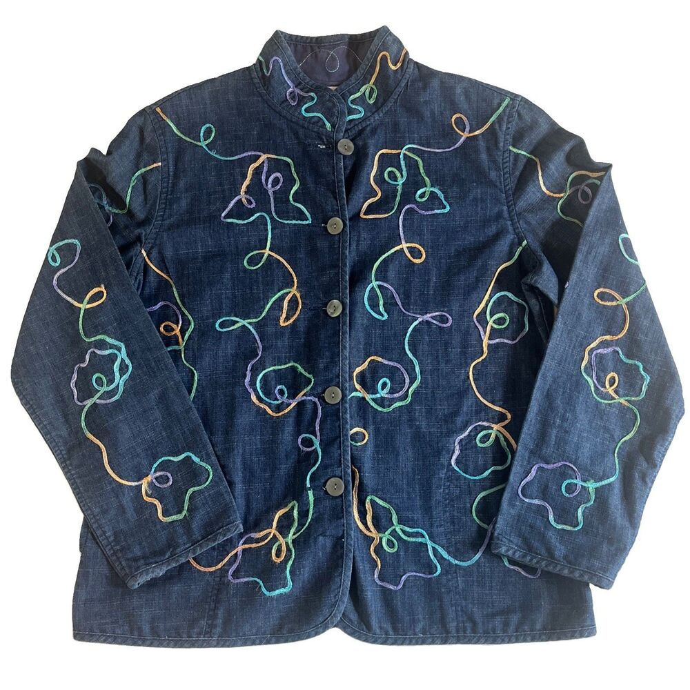 Napa Valley Petites Denim Jacket Womens PM Blue Mandarin Collar Embroidered